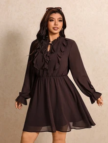 Elaquor Plus Size Women's Solid Color Ruffle Hem Casual Party Dress - Brown - View 4