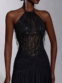 Elitara Elegant Minimalist Fashion Black Sequin Tassel Mesh Patchwork Halter Neck Backless Pleated A-Line Long Formal Evening Gown For Women - Black - View 4