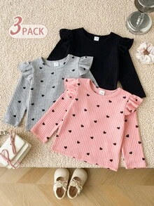 SHEIN Vintaside Kids 3件組女嬰荷葉邊羅紋長袖上衣 可愛愛心印花素色打底衫 舒適嬰兒上衣 秋冬日常穿著 - 彩色 - 查看 4