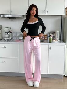 ZzzCrew Slim Fit Sexy Long Sleeve Top & Contrast Color Side-Split Shorts With Bow Decor Women's Pajama Set - Black - View 6