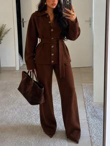 CLARA VERO طقم محبوك بياقة قميص وحزام بني، للمكتب أو الشارع، بأزرار أمامية، بنطال بالازو، ربطة خصر - بني - مشاهدة 8