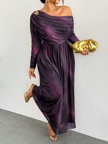 Firerie 大尺碼女款紮染不對稱肩褶皺長袖時尚優雅洋裝 秋冬優雅派對洋裝 - 紫羅蘭色 - 查看 6