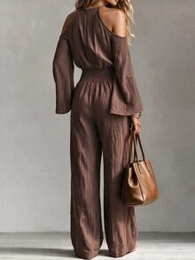 EMERY ROSE Women's Solid Color Ruched Cold Shoulder Casual Daily Wear Jumpsuit Fall/Winter - Brown - View 2