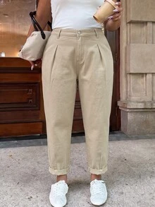 Dripcurv 大尺碼女款百褶錐腳休閒百搭牛仔褲 - 卡其色 - 查看 4