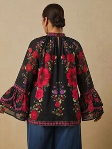 Travachic 大尺碼女款花卉印花立領喇叭袖優雅襯衫 - 彩色 - 查看 2