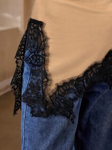 Selenza 棉質卡其色蕾絲拼接不對稱修身顯瘦側抓褶圓領短袖極簡優雅日常百搭通勤新款T恤上衣 - 卡其色 - 查看 8