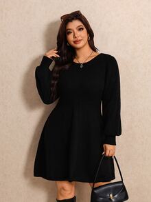 Elaquor Plus Size Women Bowknot Decor Casual Daily Knit Dress - Black - View 5
