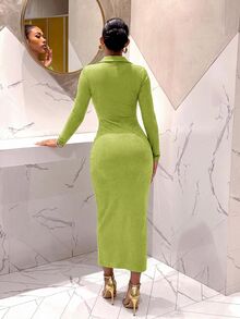 Slaydiva Women Brown Shiny Ice‑Silk Knit Midi Dress Collared V Neck Long Sleeve Button Front Ruched Bodycon Party Dress Holiday Evening Club Dress - Green - View 2