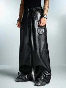 ROMWE MEN Men's PU Loose Wide Leg Long Pants - Black - View 2