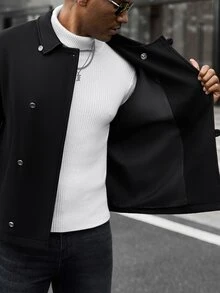 Manfinity CasualCool 男士成熟休閒純色羊毛黑色短夾克，假期禮物最佳選擇 - 黑色 - 查看 7