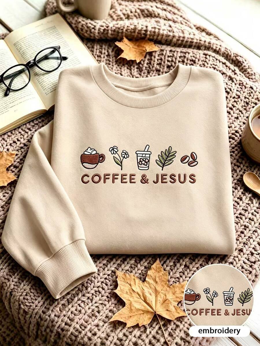 INAWLY Women's Letter Embroidered Crew Neck Long Sleeve Casual Sweatshirt - Beige - View 1