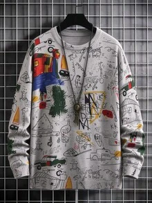 Manfinity Hypemode 男士聖誕家庭卡通圖案休閒圓領長袖毛衣，秋冬款 - 灰色 - 查看 1