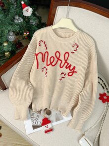 IslaSuriya Women's Letter Print Casual Daily Long Sleeve Sweater - Apricot - View 3