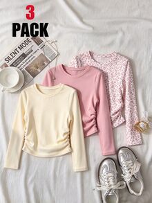 SHEIN مجموعة 3 قطع للبنات بأسلوب لطيف، تي شيرت علوي بأكمام طويلة مطبوع باللون الأبيض والوردي الفاتح والأبيض العاجي، بتصميم مجعد، بقصة ضيقة وياقة دائرية، تي شيرت محبوك كطبقة أساسية للمدرسة والخريف، لطيف - وردي - مشاهدة 3