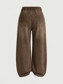 SHEIN PETITE CURVE 大尺碼女款藍色口袋寬鬆直筒牛仔褲 - 棕色 - 查看 2