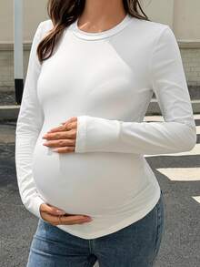 DAZY Solid Color Slim Fit Elastic Daily Versatile Korean Style Spring/Autumn Maternity T-Shirt - White - View 6