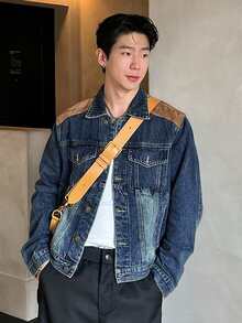 DAZY جاكيت جينز رجالي أزرق مغسول بتصميم ممزق ومرقع مع خياطة الكتف، للربيع/الخريف - الأزرق - مشاهدة 3