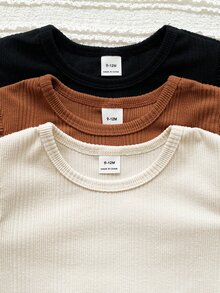 SHEIN Vintaside Kids 3pcs/Set Baby Girls Casual Solid Color Knit Long Sleeve Tops With Ruffle Shoulder, Infant Ribbed Crew Neck Pullover Tees - Multicolor - View 5
