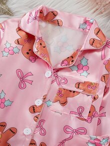 Young Girl Autumn/Winter Christmas Pajamas 2pcs Gingerbread Man Satin Button Long Sleeve Pants Lapel Print Girls - Multicolor - View 4