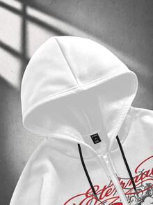 ROMWE MEN Street Life Street Retro Print Pattern Loose Fit Hoodie - White - View 3