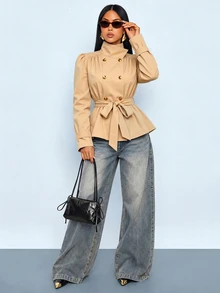 SOLERSUN Women's Solid Color Pleated Waist Knot Casual Versatile Trench Coat Jacket - Khaki - View 4