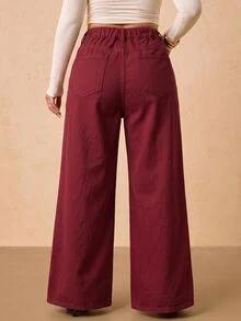 SHEIN Tall CURVE 大尺碼女款高腰口袋寬腿寬鬆休閒牛仔褲 - 紅色 - 查看 2