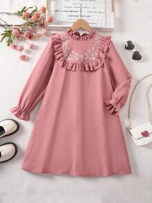 SHEIN 少女花卉刺繡荷葉領長袖可愛洋裝 - 粉色 - 查看 1