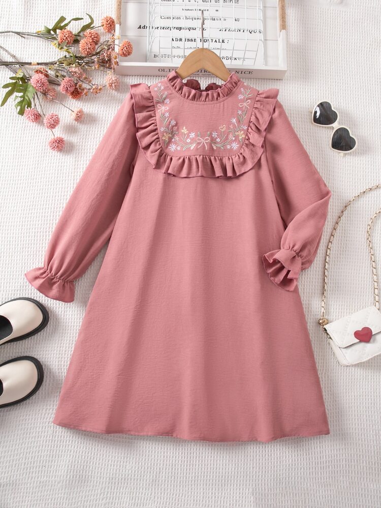 SHEIN Tween Girl Floral Embroidered Ruffle Collar Long Sleeve Cute Dress - Pink - View 1