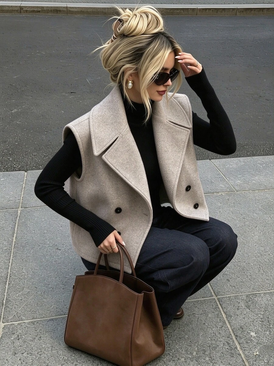 EMERY ROSE 2026 Autumn/Winter Women's Sleeveless Wool Vest Jacket, Casual Daily Wear, Street & Commute Overcoat - Light Grey - View 1
