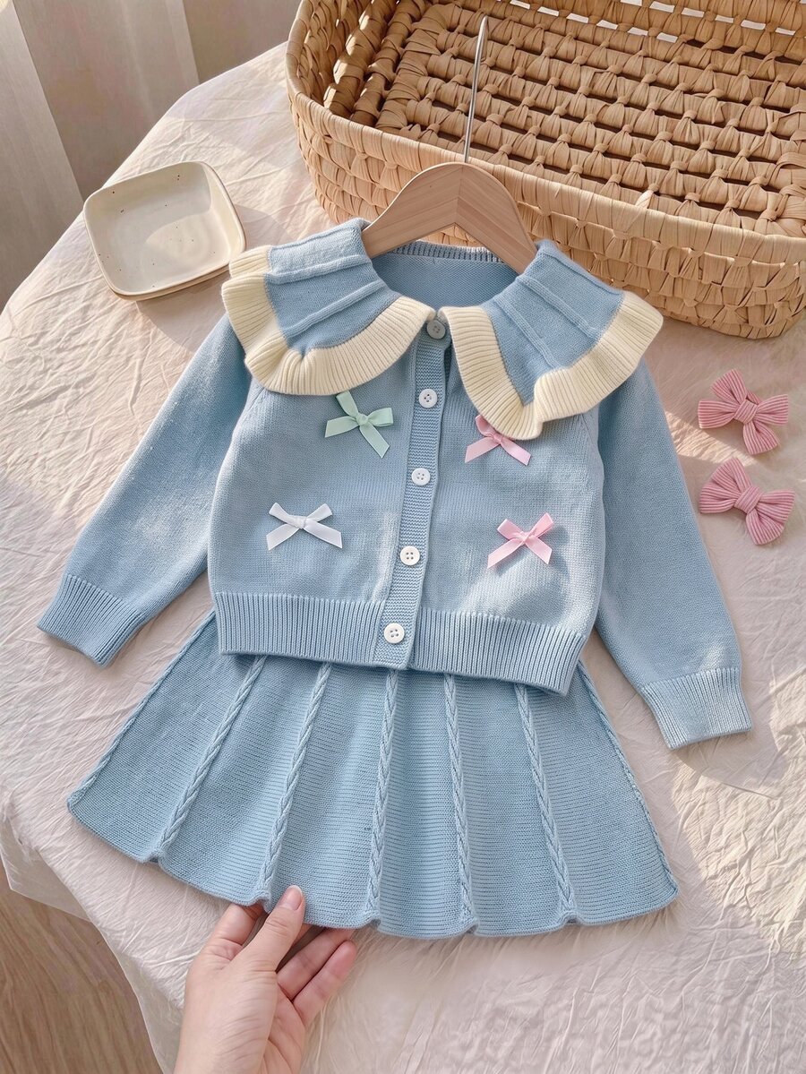 SHEIN طقم كارديجان وتنورة بأكمام طويلة وياقة فيونكة للبنات الصغيرات - الأزرق - مشاهدة 1