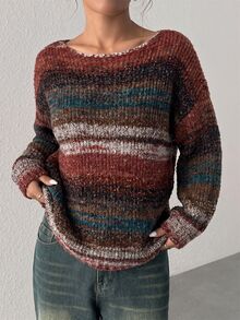 Muchica Women Autumn Casual Retro Vintage 70s Minimalist Sweater For Everyday Wear,Knitted Sweater Brunch Vacation Brown Striped - Multicolor - View 3