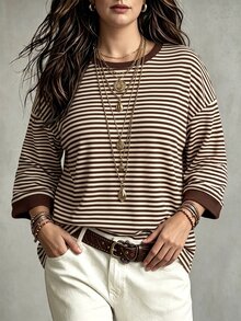 NostaNoir New Fashion Casual Basic Round Neck Contrast Collar And Cuffs Apricot Base With Coffee Striped Print Drop Shoulder Mid-Sleeve Plus Size T-Shirt - Multicolor - View 4