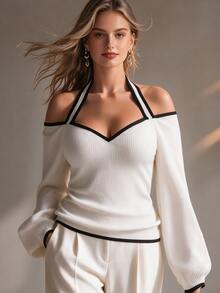 Linhara CURVE Plus Size Women's Autumn/Winter Halter Neck Colorblock Knit Casual Daily Commute Top Fall - White - View 1
