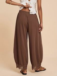SHEIN BAE Women's Solid Color Drawstring Waist Casual Daily Travel Long Pants - Brown - View 2