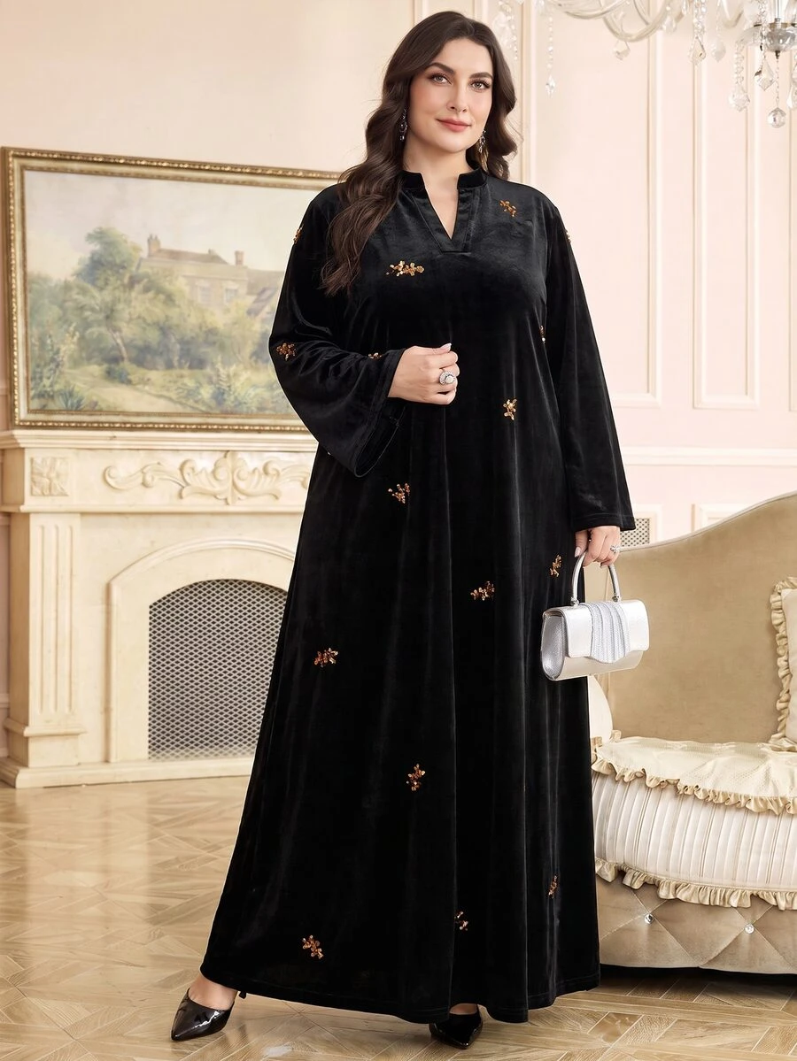 Al Najma Đầm phong cách Ả Rập đính sequin casual dự tiệc cho nữ size lớn - màu đen - Xem 1
