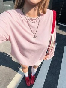 SHEIN EZwear 大尺碼女款純色圓領寬鬆長袖休閒T恤，春夏秋季 - 粉色 - 查看 3