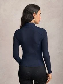 Activina Women's Stand Collar Half-Zip Contrast Color Pullover Equestrian Top Long Sleeve T-Shirt - Blue - View 2