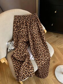 INAWLY 女款休閒通勤寬鬆抽繩彈性腰直筒寬腿街頭風長褲 - 卡其色 - 查看 2