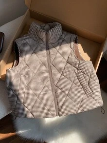 Comfortcana 女款立領格紋棉質填充背心外套 - 彩色 - 查看 3