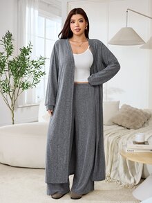 Solflare Plus Size Minimalist Camisole, Loose Pants And Long Sleeve Cardigan 3 Pieces Set - Light Grey - View 4