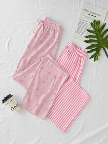 SHEIN Women Cotton 2 Pcs Fake Drawstring Solid Color Sleep Pants Home Wear Comfort Set - Baby Pink - View 3