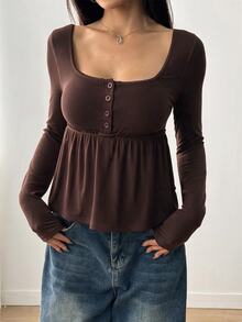 SHEIN EZwear 女款軍綠色前排扣長袖休閒襯衫，適合秋冬 - 咖啡棕 - 查看 1