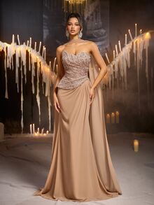 Glamrae Elegant Champagne Sequin Sequins Chiffon Strapless Sweetheart Ruched Draped Peplum Cape Mermaid Train Wedding Guest Prom Ball Autumn Evening Gown - Champagne - View 5