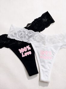 SHEIN 4件裝蕾絲腰部低腰女款丁字褲 - 彩色 - 查看 5