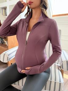 Dazy Maternity جاكيت أمومة كاجوال رياضي يومي بياقة واقفة وسحاب كامل وتصميم ضيق وأكمام طويلة لفصلي الربيع والخريف - الأرجواني - مشاهدة 3
