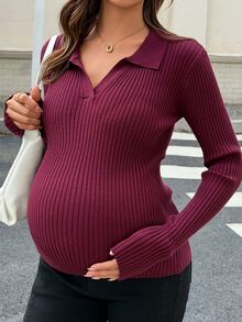 DAZY Solid Color Fitted Elastic Ribbed Long Sleeve Casual Daily Korean Style Spring Autumn Knit Sweater For Pregnant Women - Burgundy - View 7