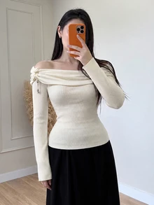 Modelyn Women's Off-Shoulder Premium Autumn/Winter Long Sleeve Sweater - Apricot - View 4