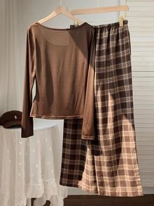 Comfortcana Women's Knight Embroidery Long Sleeve T-Shirt And Plaid Pants Casual 2 Pieces Set - Brown - View 2