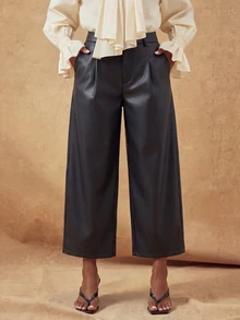 SHEIN Lunessa Women's Black Designer PU Leather Pants - Black - View 3