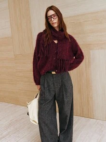 MOTF PREMIUM WOMEN'S SOLID COLOR LONG SLEEVE TOP AND SCARF CASUAL KNIT SET - Burgundy - View 3